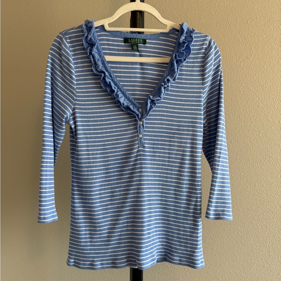 Ralph Lauren Blue and White Striped Blouse ruffled neckline. Women’s Large L - Picture 1 of 4